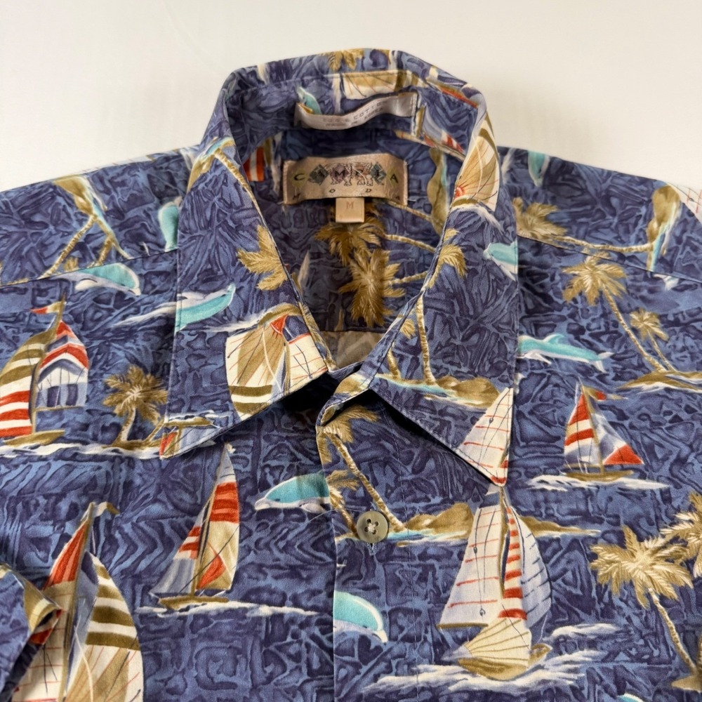 Campia Moda Mens Medium Sailboat Dolphin Palm Tree Hawaiian Shirt 100% Cotton
